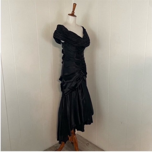 Vintage 70s 80s Trumpet Dress Women’s M V-Neck Ruched Midi Fitted - Picture 11 of 13